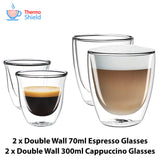2 x Espresso + 2 x Cappuccino Double Wall Thermo Glasses Glass Cups Coffee Set