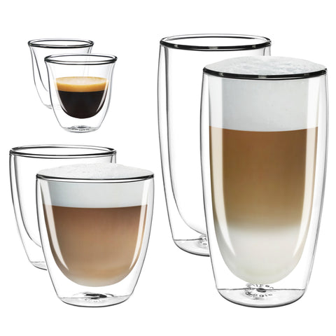 2 x Espresso, 2 x Cappuccino, 2 x Latte Double Wall Cups Mugs Glasses Glass Set