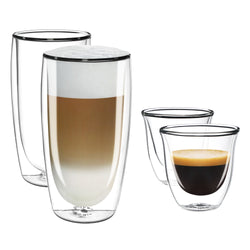 2 x Espresso + 2 x Caffe Latte Double Wall Dual Cups Mug Glasses Glass Coffee Set