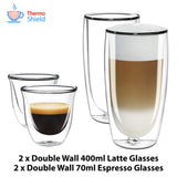 2 x Espresso + 2 x Caffe Latte Double Wall Dual Cups Mug Glasses Glass Coffee Set